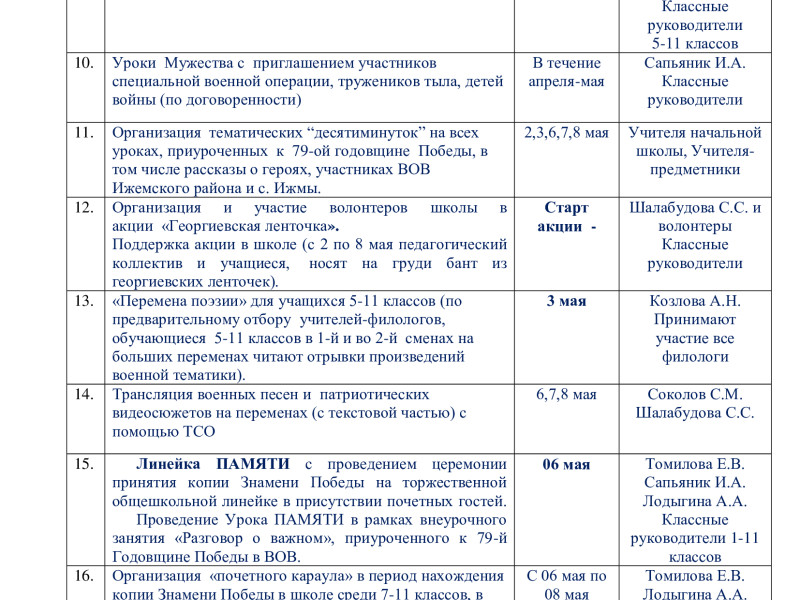 План школьных мероприятий к 79-летию Победы.
